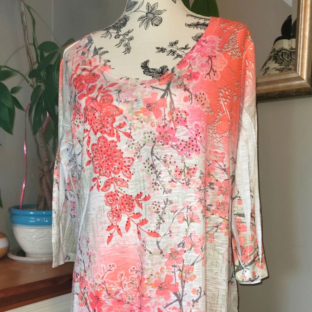 Style & Co. Coral Floral Long Sleeve Tee with Embellished Front